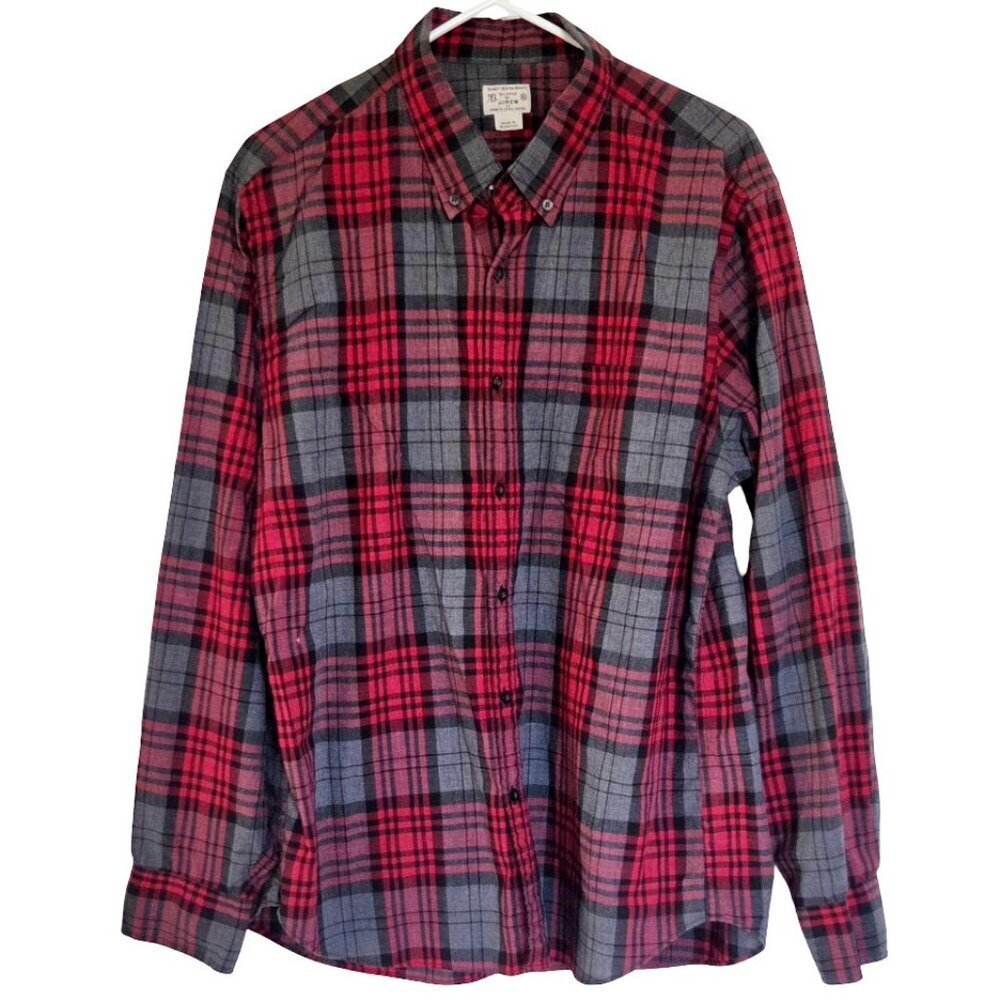 J.Crew Plaid Button-Down Shirt Red Gray 100% Cotton Men’s Large Lumberjack Cabin
